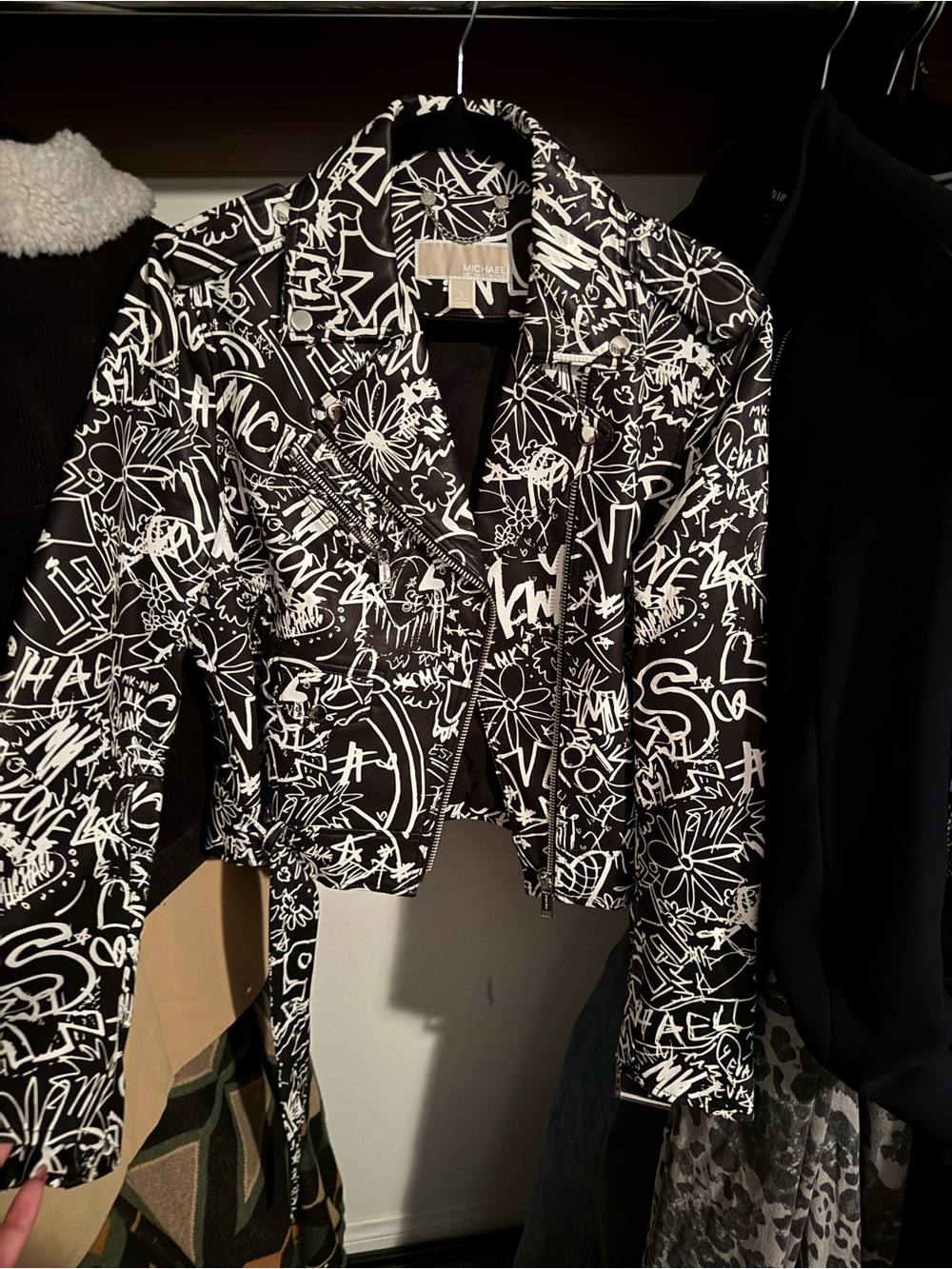 Michael Kors Black & White Graffiti Moto Jacket